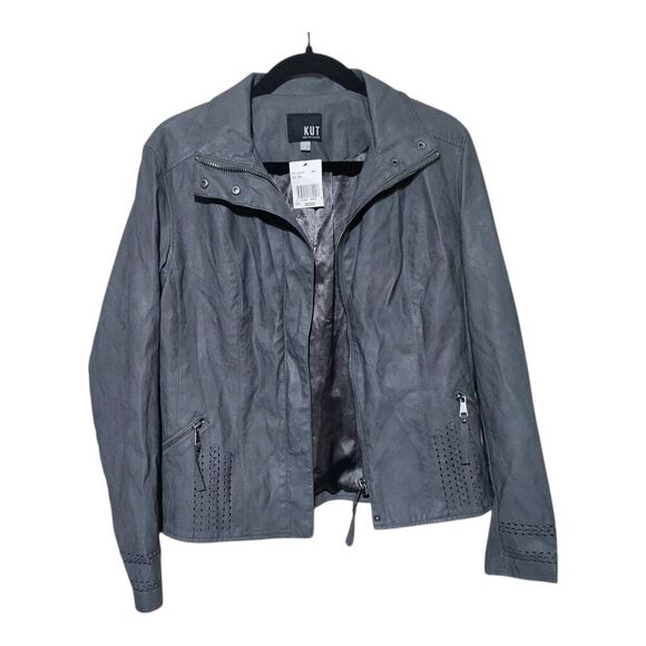 Kut From the Kloth Gray Faux Leather Moto Jacket Women's M NEW- Whipstitch Solid - Picture 8 of 11